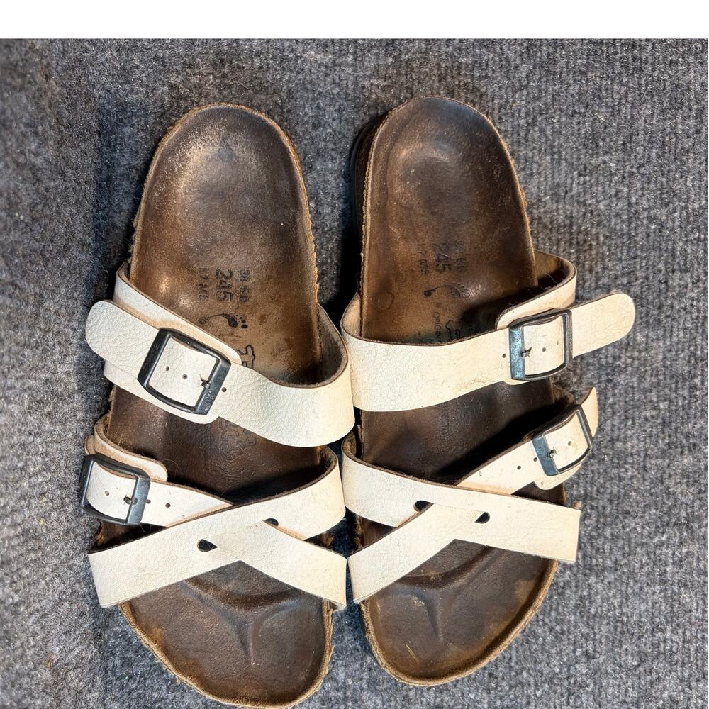 Birkenstock Birkis Nepal White Leather Criss Cross Slide Sandals Cork EU 38 US 7
